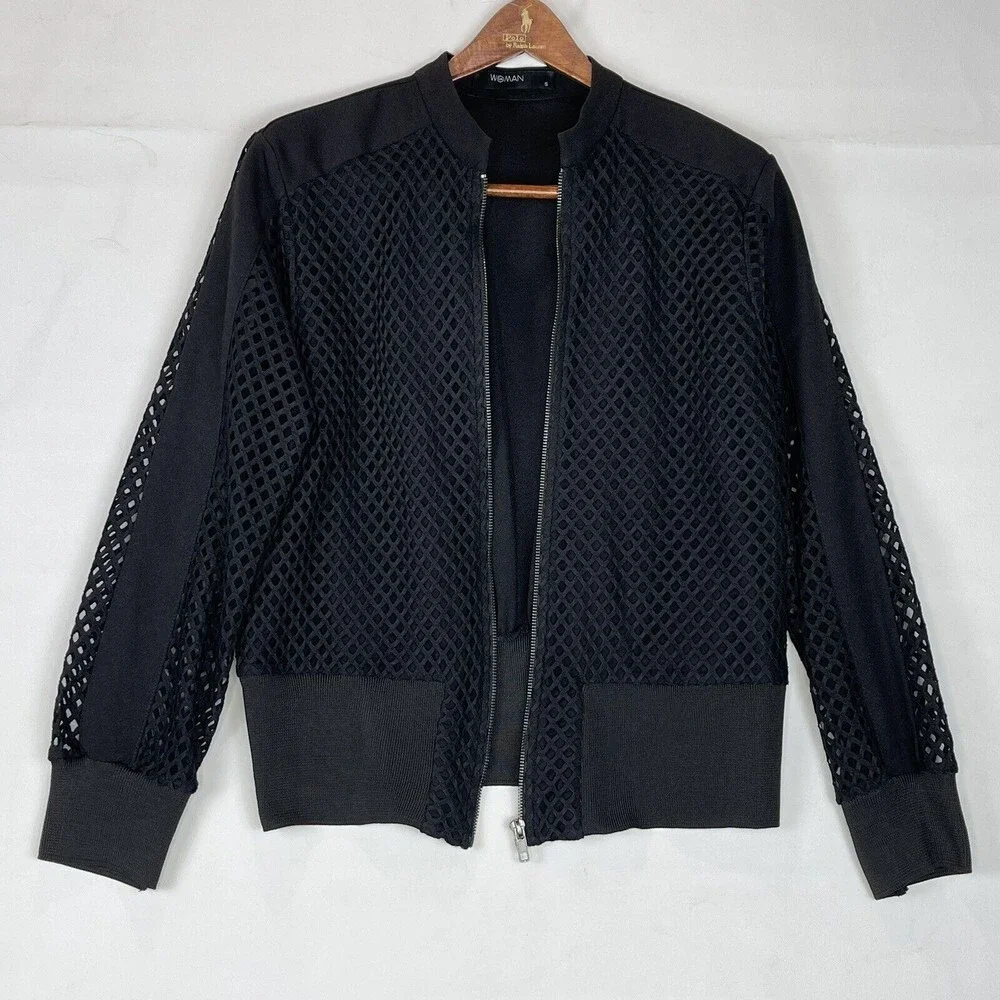 Women’s Small Black Mesh Lined Bomber Jacket Full Zip Long Sleeve